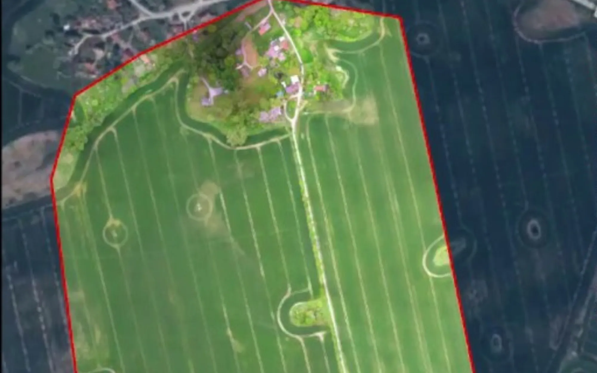 Top-down RGB aerial of a crop field outlined for the flight
